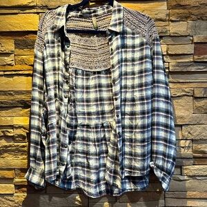 Like new vintage Free People lace and plaid shirt
